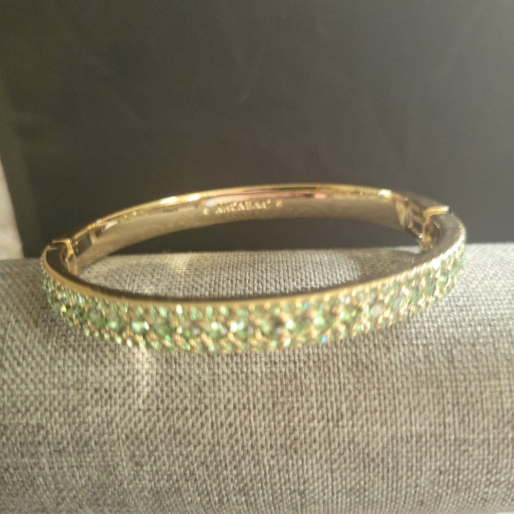 Givenchy Gold Tone Green Pave Crystal Hinge Bangle Bracelet Size 7 Quiet Luxury